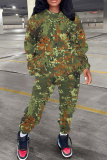 Army Green Sportwear Camouflage Print Round Neck Long Sleeve Sweatshirt and Pencil Sweatpants Fall Winter Two Pieces Sweatsuits Sets