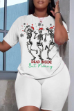 White Black Christmas Casual Skinny Skull Letter Print Round Neck Short Sleeve T-shirt and Shorts Two Pieces Matching Sets