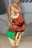 Blue Santa Claus Christmas Tree Print Sleeveless Backless Spaghetti Strap Floor Length Casual Outing Vacation Straight Loose Maxi Slip Dress