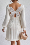 White Butterfly Lace Print Backless U Neck Lantern Sleeve A Line Pleated Mini Sweater Dresses