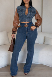 Sky Blue Skinny Denim Contrast Buckle Contrast Turndown Collar PU Patchwork Long Sleeve Jackets and Flared Jeans Two Pieces Sets