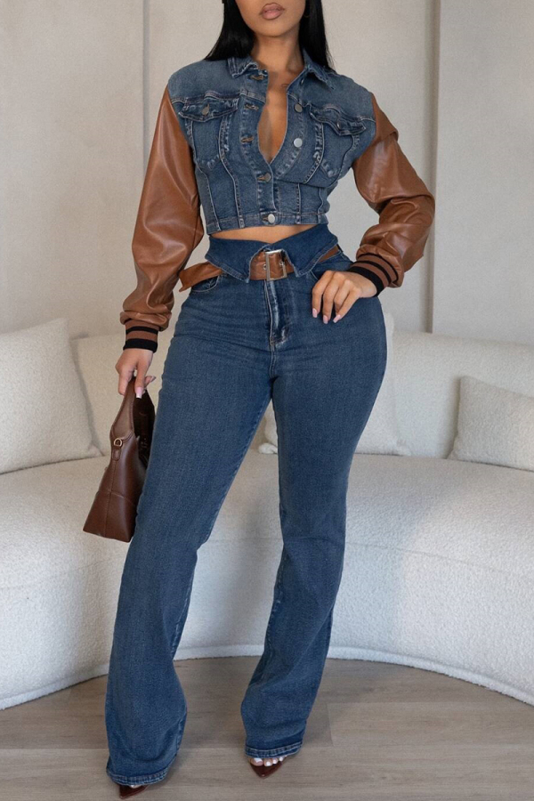 Sky Blue Skinny Denim Contrast Buckle Contrast Turndown Collar PU Patchwork Long Sleeve Jackets and Flared Jeans Two Pieces Sets