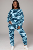 Dark Army Green Sportwear Camouflage Print Round Neck Long Sleeve Sweatshirt and Pencil Sweatpants Fall Winter Two Pieces Sweatsuits Sets