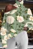 Light Pink Casual Floral Print Hollow Out Turtleneck Long Sleeve Fall Winter Blouse