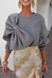 Grey Loose Bowknot Decor Round Neck Long Sleeve Fall Winter Sweatshirts Tops