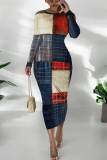 Blue Casual Graphics Print O Neck Long Sleeve Wrapped Skirt Formal Office Lady Bodycon Midi Dresses