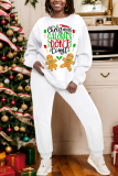 White Khaki Christmas Letter Print Round Neck Long Sleeve Sweatshirt and Pencil Sweatpants Fall Winter Two Pieces Sweatsuits Sets