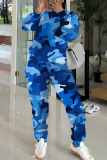 Light Blue Sportwear Camouflage Print Round Neck Long Sleeve Sweatshirt and Pencil Sweatpants Fall Winter Two Pieces Sweatsuits Sets