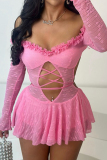 Pink Skinny Party Club Hollow Out Ruffle Trim See-Through Off Shoulder Long Sleeve Skinny Bodysuits A-line Rompers