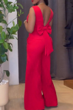 Red Vacation Party Club Casual Zipper V Neck Backlesss Bowknot Decor Tank Tops and Wide Leg Pants Two Pieces Sets
