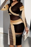 Khaki Skinny Casual Semi Formal Party Club Abstract Print V Neck Long Sleeve Knee Length Plus Size Midi Dresses