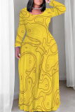 Dark Apricot Casual Geometric Print O Neck Long Sleeve Straight Loose Vacation Plus Size Maxi Dresses