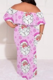 Black Red Casual Santa Claus Print Off Shoulder Flutter Sleeve Long Loose Vacation Plus Size Maxi Dresses