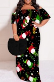 Black Red Casual Santa Claus Print Off Shoulder Flutter Sleeve Long Loose Vacation Plus Size Maxi Dresses