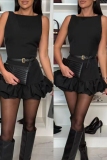 Black Casual Ruffle O Neck Sleeveless Ruffle Trim Night Club Tank Mini Dresses