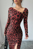 Red Casual Leopard Print Oblique Collar Long Sleeve Draw String Lace Up Front Slit Bodycon Maxi Dresses