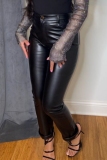 Black PU Leather Casual Belted Skinny High Waist Cross Straps Fall Winter Pencil Trousers Pants