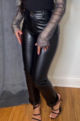 Black PU Leather Casual Belted Skinny High Waist Cross Straps Fall Winter Pencil Trousers Pants
