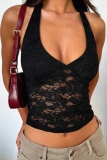 Black Skinny Party Club Lace Up See-Through Backless Halter Sleeveless Cami Tops