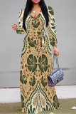 Multicolor Floral Print Deep V Neck Long Sleeve Lace Up Casual Outing Vacation Loose Maxi Dress