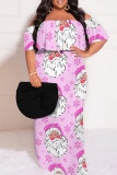 Black Red Casual Santa Claus Print Off Shoulder Flutter Sleeve Long Loose Vacation Plus Size Maxi Dresses