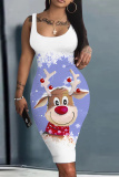 White Purple Christmas Deer Snowflakes Print U Neck Sleeveless Vacation Casual Outing Bodycon Midi Tank Dress