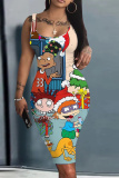 Light Blue Cartoon Print U Neck Sleeveless Vacation Casual Outing Bodycon Midi Tank Dress