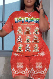 Red Christmas Casual Sportswear Letter Bear Santa Print Round Neck Short Sleeve T-shirt and Shorts Two Pieces Sets