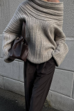 White Loose Cotton Screw Thread Off Shoulder Long Flare Sleeve Fall Winter Knitted Sweater Tops