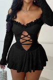 Pink Skinny Party Club Hollow Out Ruffle Trim See-Through Off Shoulder Long Sleeve Skinny Bodysuits A-line Rompers