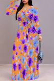 Multicolor Floral Print Deep V Neck Long Sleeve Lace Up Casual Outing Vacation Loose Maxi Dress