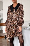 Loose Elegant Leopard Buttons Patchwork Peter Pan Collar Long Sleeve A Line Short Dresses