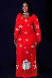 Black Red Casual Christmas Tree Santa Claus Print O Neck Long Sleeve Long Plus Size Bodycon Maxi Dress
