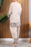 Khaki Casual Loose Leopard Print V Neck Long Sleeve Knitted Tops and Wide Leg Pants Two Pieces Sets