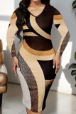 Khaki Skinny Casual Semi Formal Party Club Abstract Print V Neck Long Sleeve Knee Length Plus Size Midi Dresses
