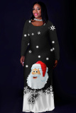 Black Red Casual Christmas Tree Santa Claus Print O Neck Long Sleeve Long Plus Size Bodycon Maxi Dress