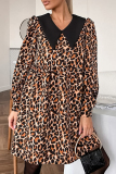 Loose Elegant Leopard Buttons Patchwork Peter Pan Collar Long Sleeve A Line Short Dresses
