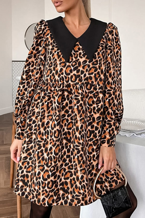 Loose Elegant Leopard Buttons Patchwork Peter Pan Collar Long Sleeve A Line Short Dresses
