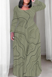 Dark Apricot Casual Geometric Print O Neck Long Sleeve Straight Loose Vacation Plus Size Maxi Dresses