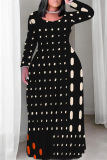 Dark Apricot Casual Geometric Print O Neck Long Sleeve Straight Loose Vacation Plus Size Maxi Dresses