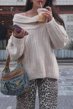 White Loose Cotton Screw Thread Off Shoulder Long Flare Sleeve Fall Winter Knitted Sweater Tops