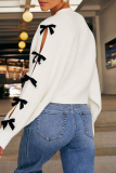 White Casual Hollow Out Buttons Bow Decor V Neck Long Sleeve Fall Winter Knitting Cardigan Coats Outerwear