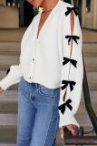 White Casual Hollow Out Buttons Bow Decor V Neck Long Sleeve Fall Winter Knitting Cardigan Coats Outerwear