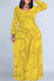 Dark Apricot Casual Geometric Print O Neck Long Sleeve Straight Loose Vacation Plus Size Maxi Dresses
