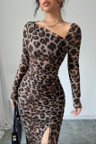Red Casual Leopard Print Oblique Collar Long Sleeve Draw String Lace Up Front Slit Bodycon Maxi Dresses