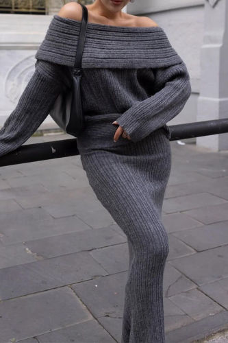 Off-white Potholes Off Shoulder Long Sleeve Sweater and Long Wrap Mermaid Skirts Fall Winter Two Pieces Dress Sets