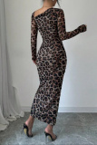 Red Casual Leopard Print Oblique Collar Long Sleeve Draw String Lace Up Front Slit Bodycon Maxi Dresses