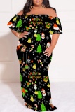 Black Red Casual Santa Claus Print Off Shoulder Flutter Sleeve Long Loose Vacation Plus Size Maxi Dresses