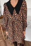 Loose Elegant Leopard Buttons Patchwork Peter Pan Collar Long Sleeve A Line Short Dresses