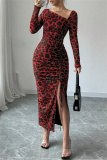 Red Casual Leopard Print Oblique Collar Long Sleeve Draw String Lace Up Front Slit Bodycon Maxi Dresses
